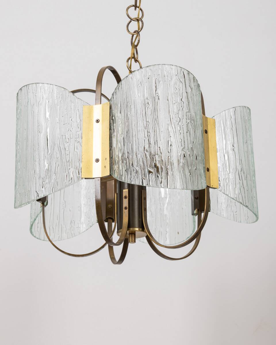 Vintage 60's chandelier in brass and worked glass italian design