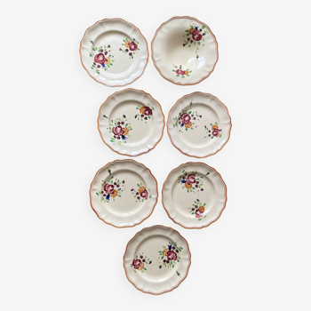 6 Plates and Dish with Painted Flowers Faïencerie Longchamp Monaco 1960s