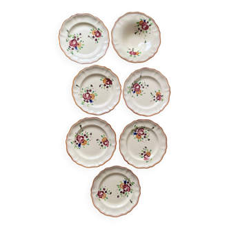 6 Plates and Dish with Painted Flowers Faïencerie Longchamp Monaco 1960s
