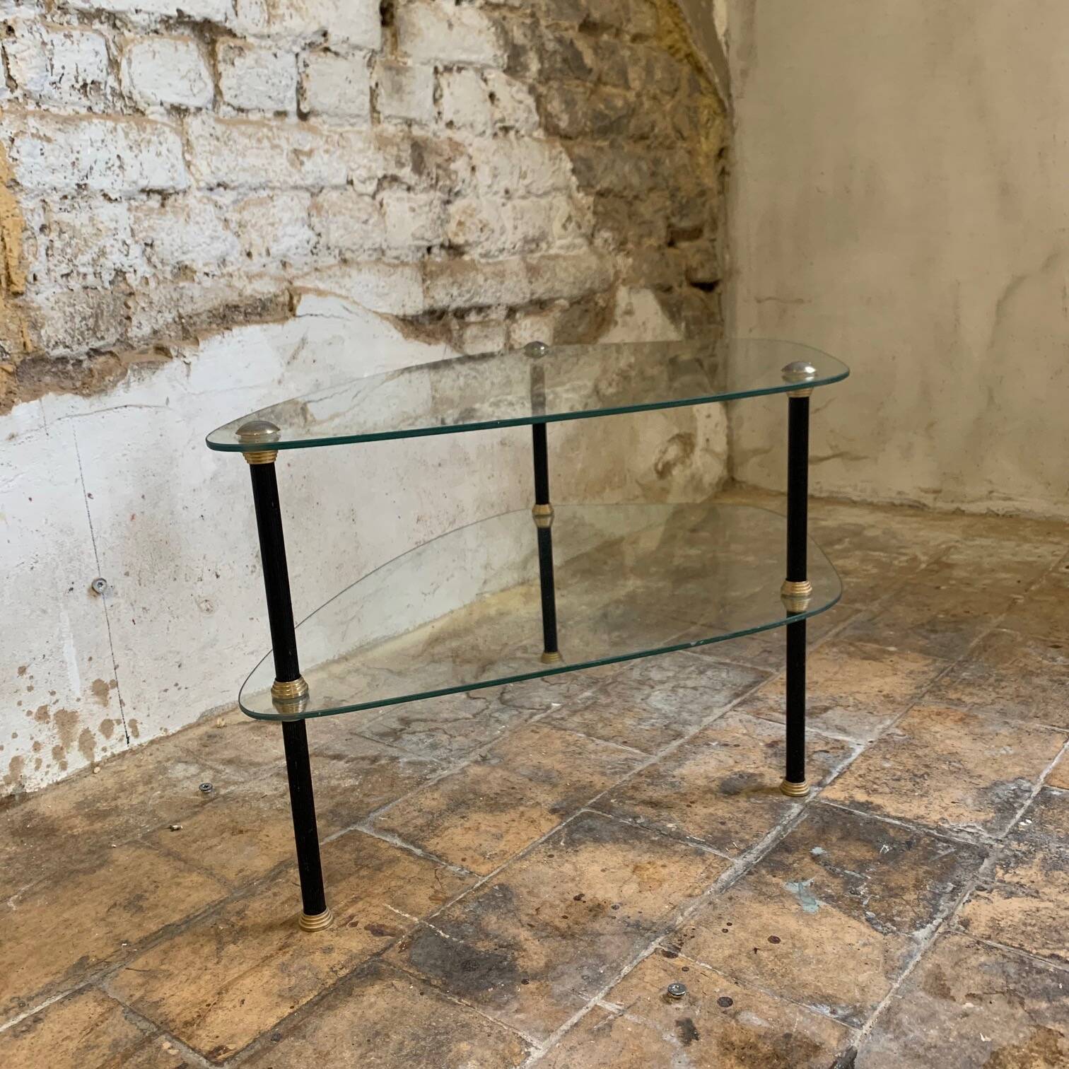 Pair of two 1950s glass and metal coffee tables, in the style of Edoardo Paoli