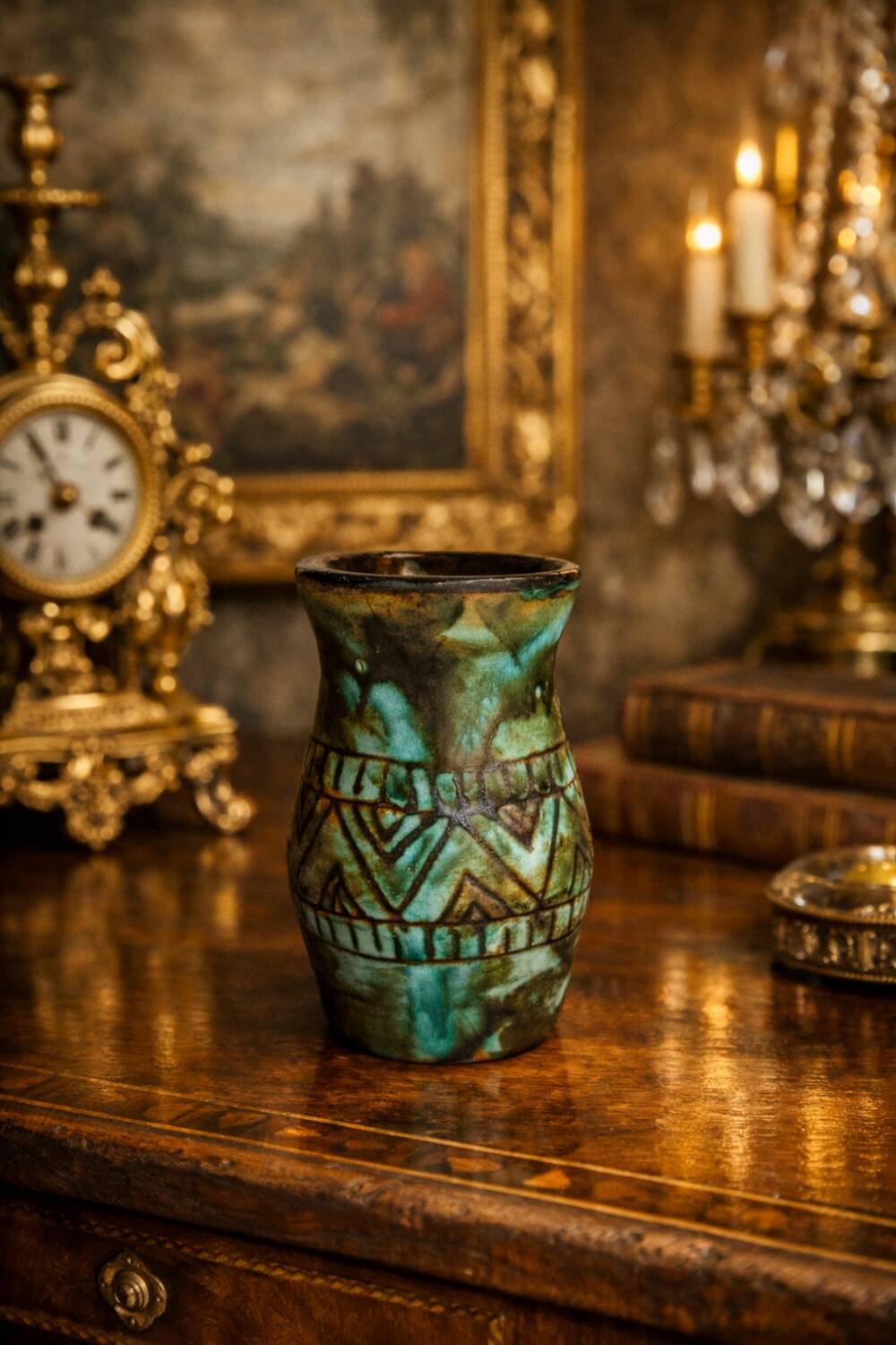 Vase Alain Maunier Vallauris 1950s 60s geometric turquoise decoration