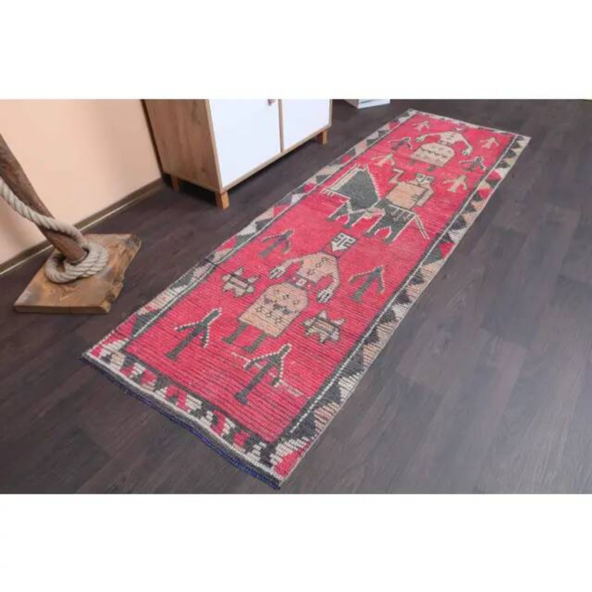 Vintage Turkish Hand-Knotted Wool Cotton Pink Runner Rug 85x260