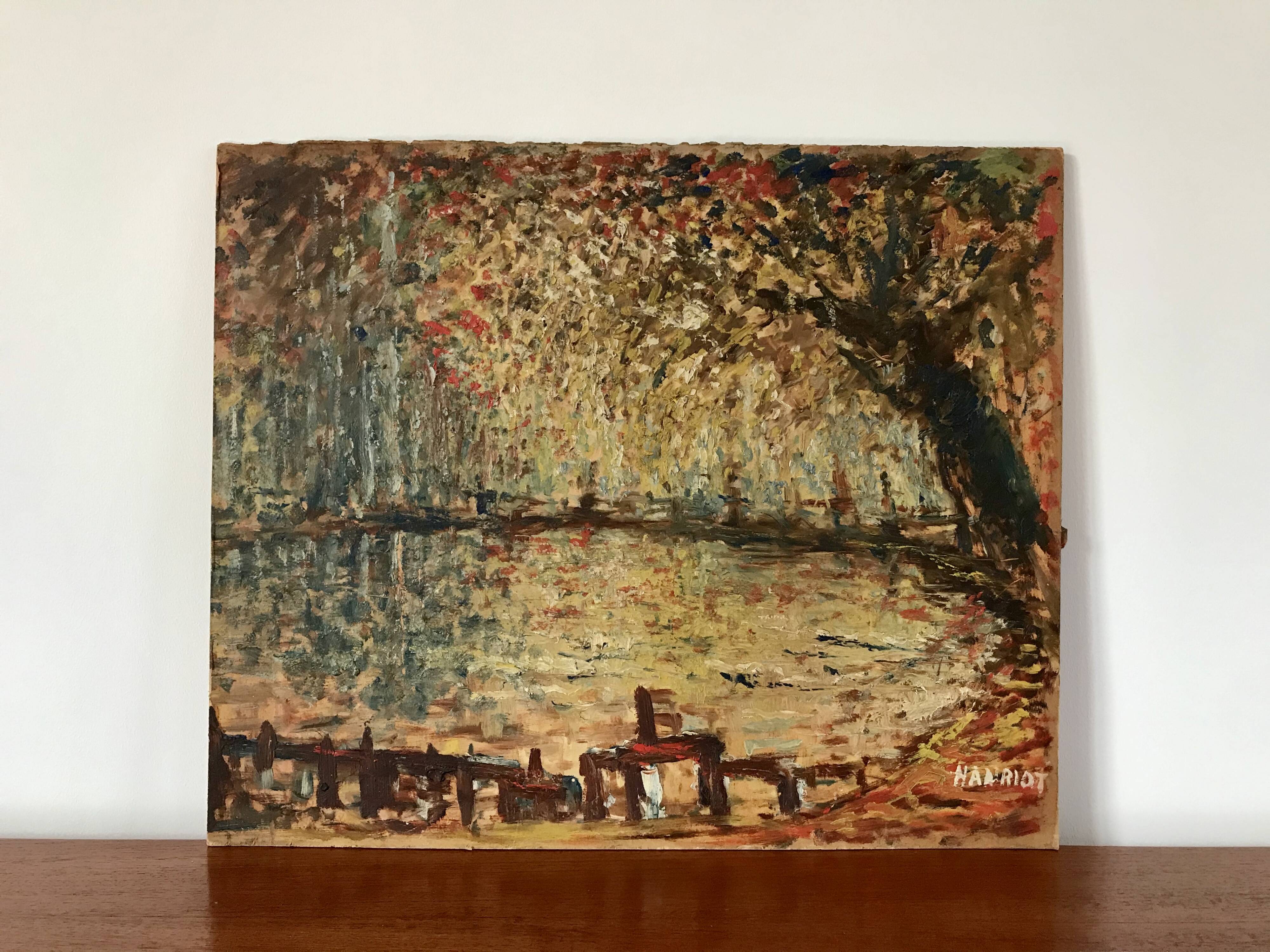 oil on pointillism landscape panel signed Hanriot 20th century