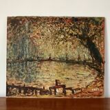 oil on pointillism landscape panel signed Hanriot 20th century