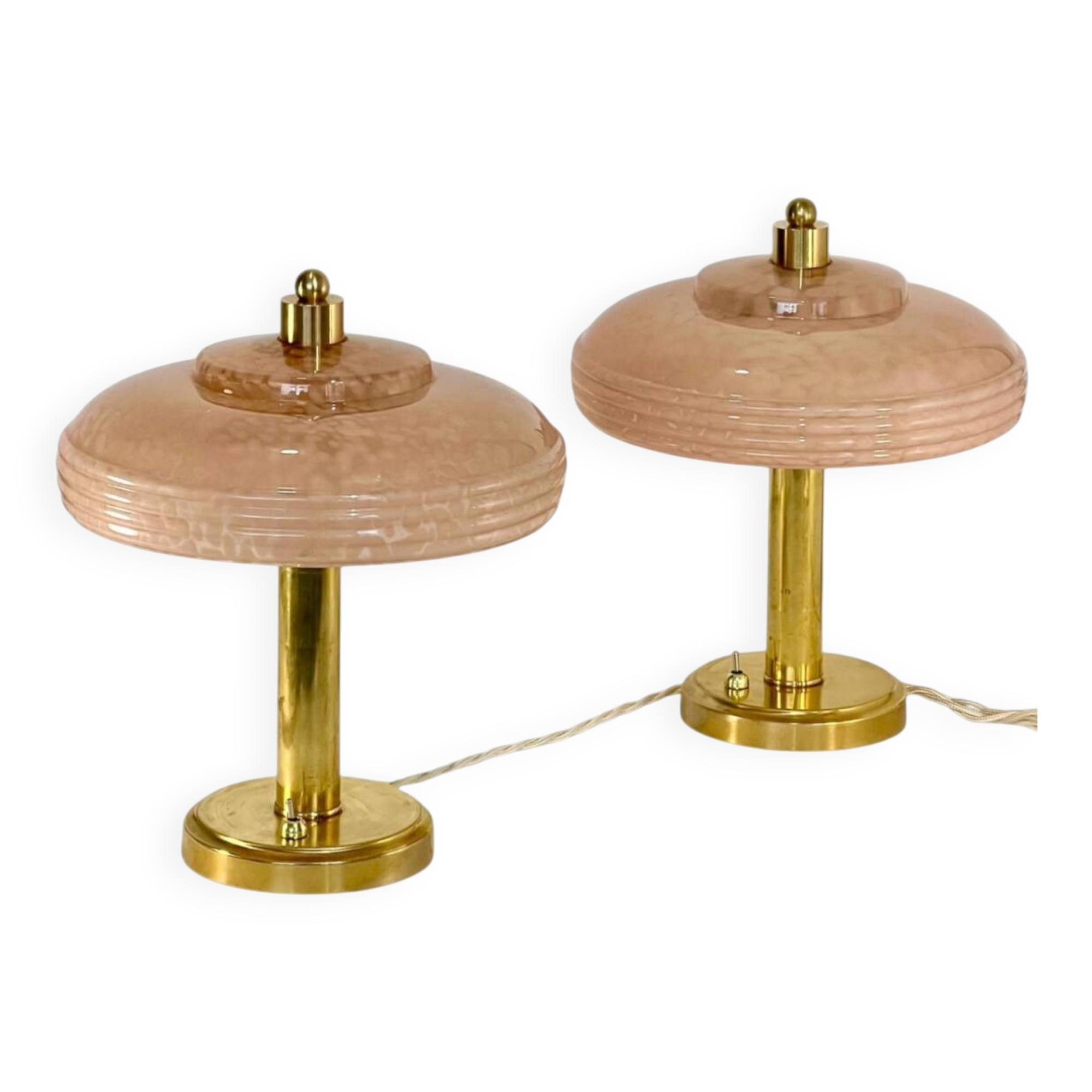Pair of mushroom bedside lamps, pink Clichy glass.