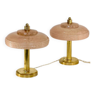 Pair of mushroom bedside lamps, pink Clichy glass.