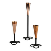 Trio of Black Iron & Copper Candlesticks — Gunnar Ander for Ystad-Metall, Sweden, 1960s