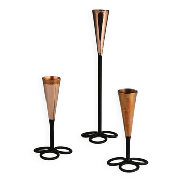 Trio of Black Iron & Copper Candlesticks — Gunnar Ander for Ystad-Metall, Sweden, 1960s