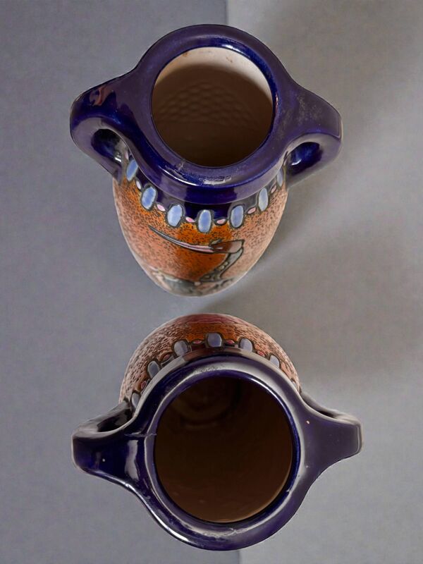 Paire vases Amphora Art Déco – Bohême années 20 – Oiseaux – 38 cm