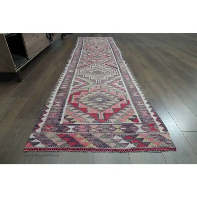 1970s Vintage Turkish Oushak Handmade Wool Cotton Pink Runner Rug 87x333