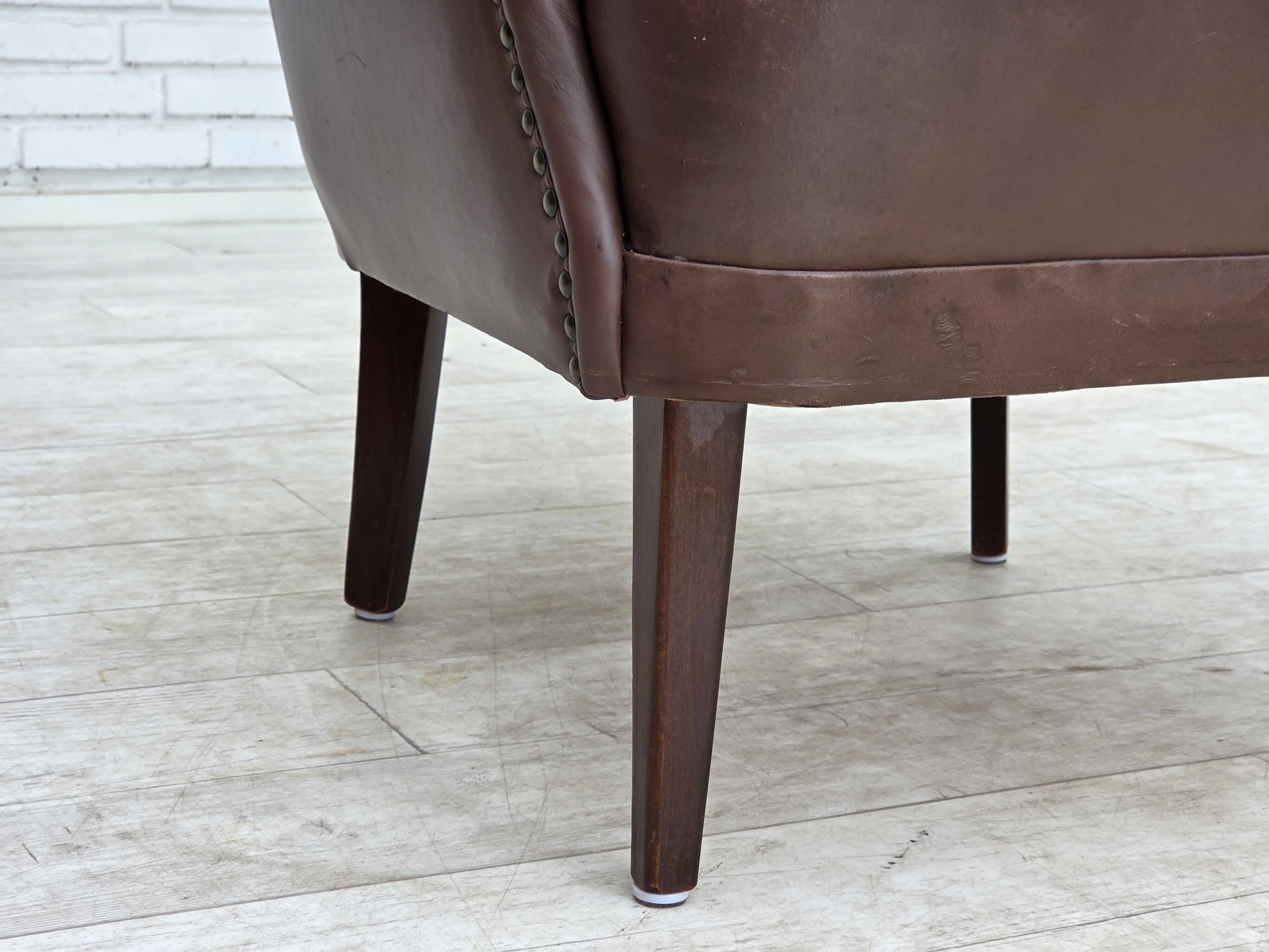 1970s, Danish armchair, original brown furniture leather.