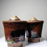 A pair of vintage stoneware pots from the 80s-90s with a Japanese style, signed handmade pottery.