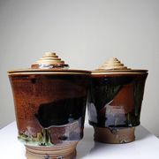 A pair of vintage stoneware pots from the 80s-90s with a Japanese style, signed handmade pottery.