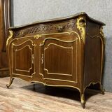 curved chest of drawers with Venetian doors, Louis XV style, in mahogany and gilded wood