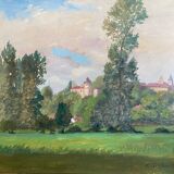 Oil on cardboard depicting a castle by E. Stefanski 20th century