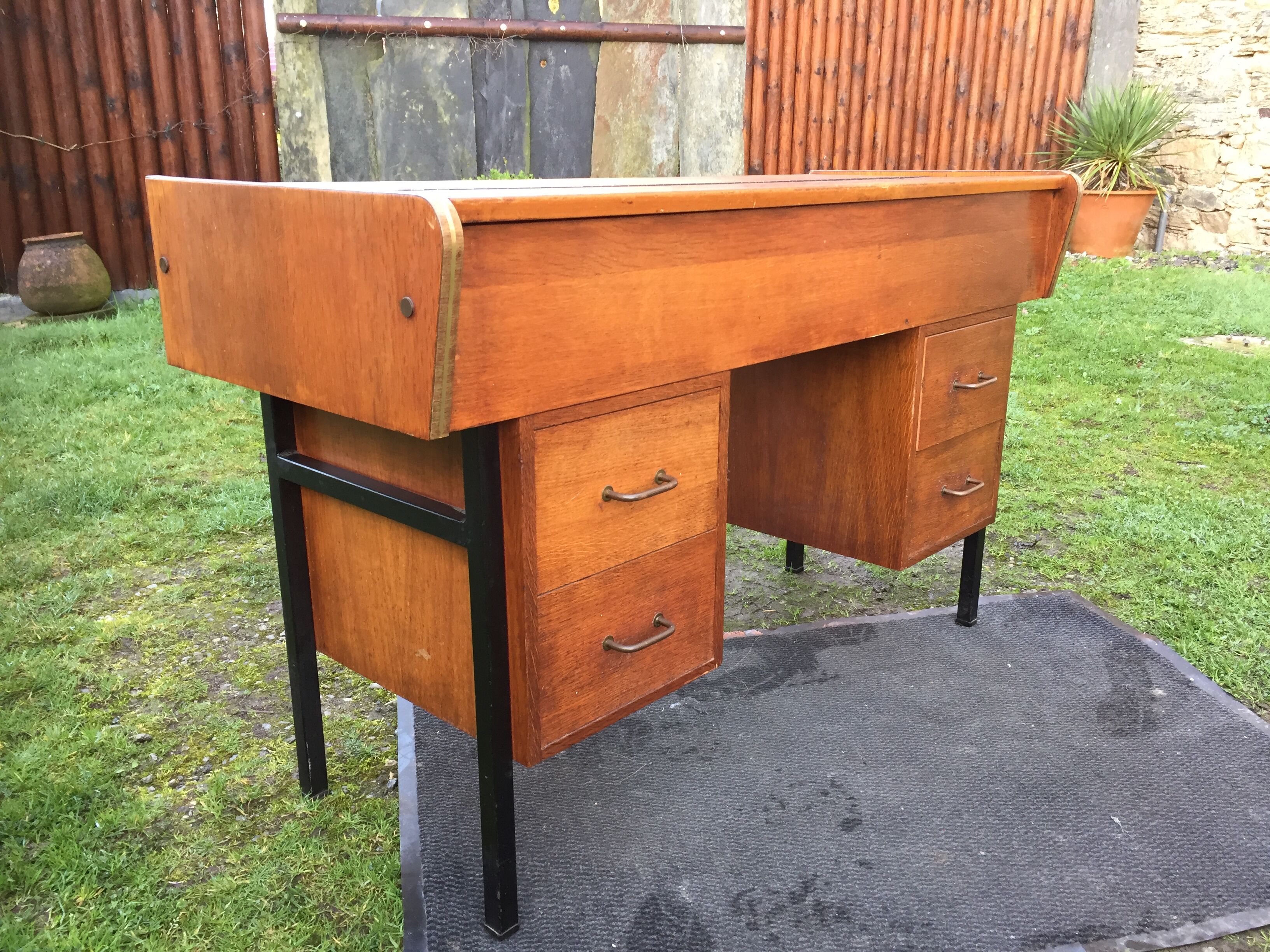 Vintage oak console desk table with square metal tube base (knitting machine)