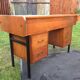 Vintage oak console desk table with square metal tube base (knitting machine)
