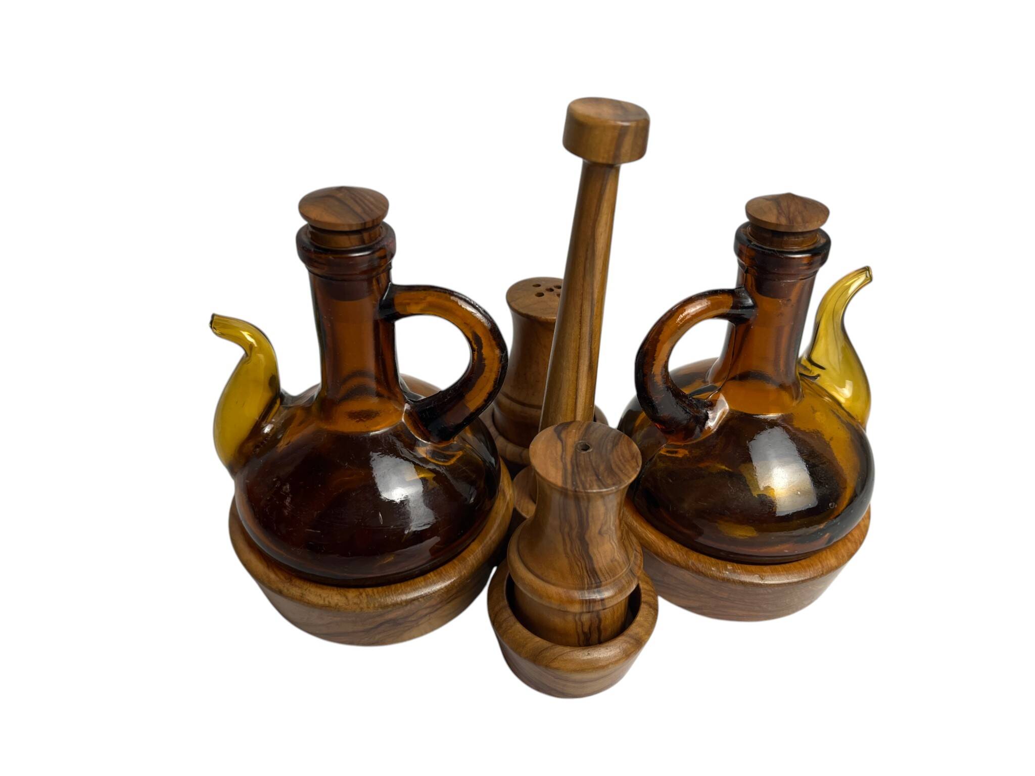 Vintage oil and vinegar server, Biot, olive wood, 20th century.