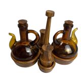 Vintage oil and vinegar server, Biot, olive wood, 20th century.