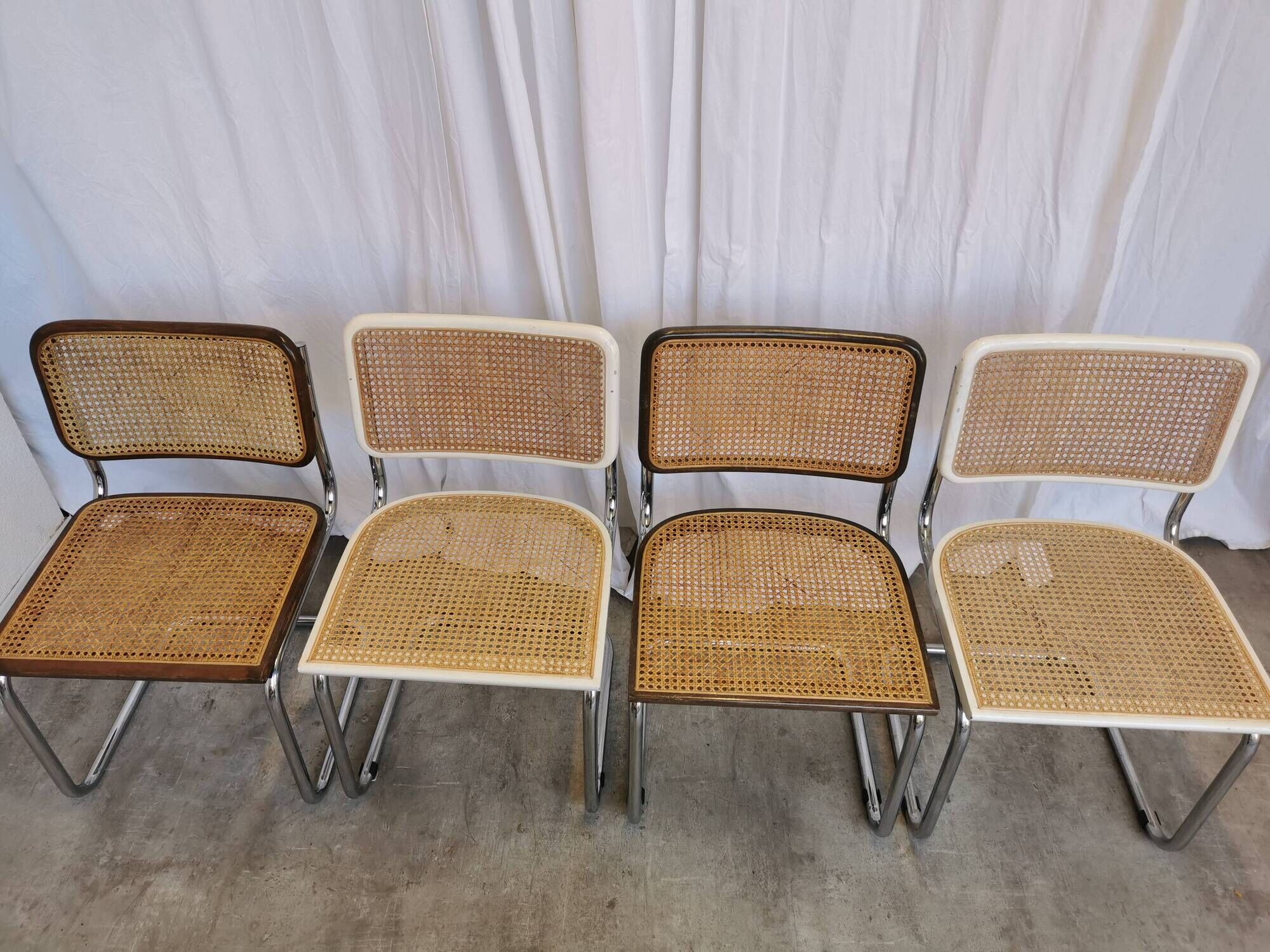 Set of 4 vintage cesca dining chairs / 2 brown 2 white / cane seat mid-century