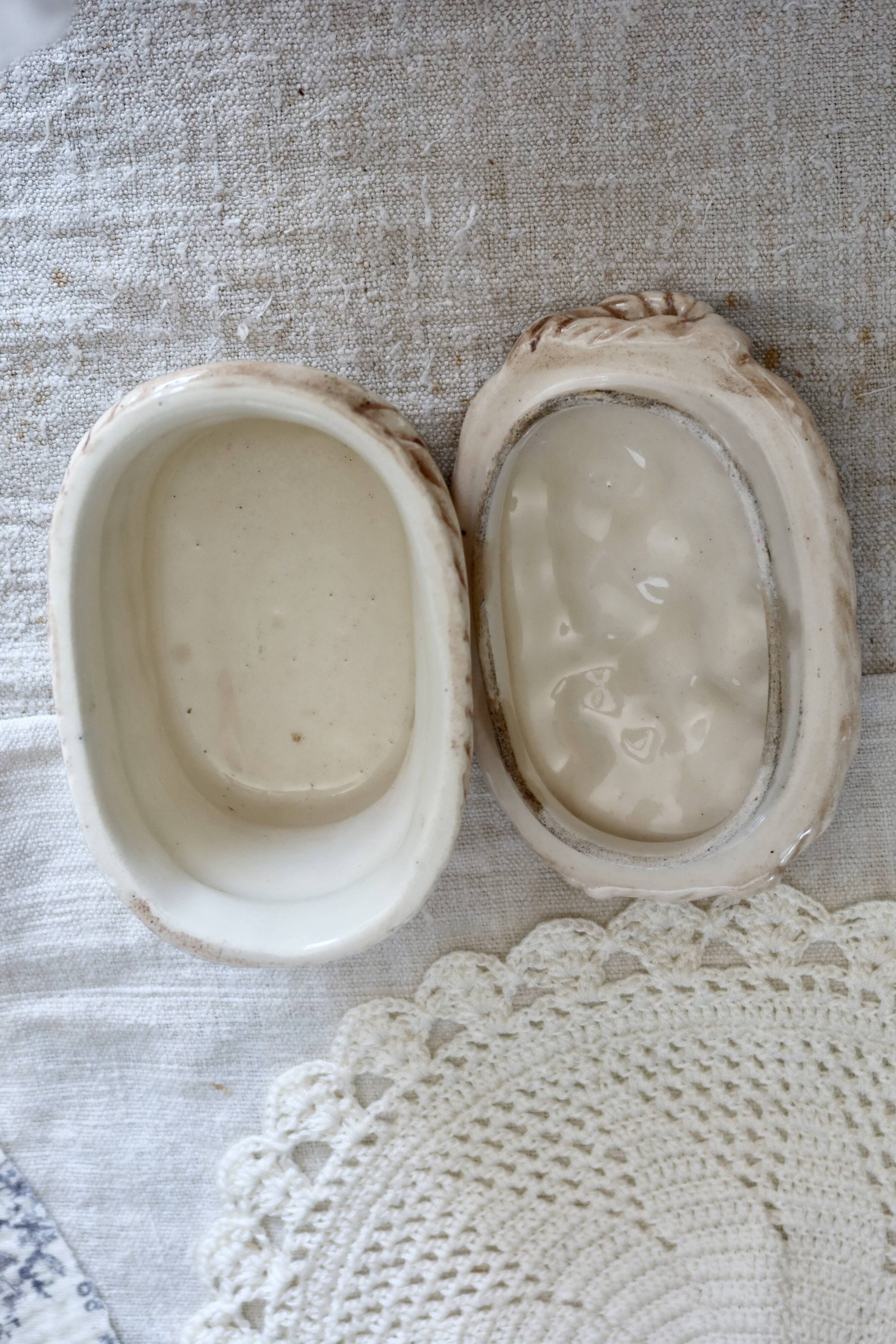 Vintage sugar bowl / candy dish with blackberry basket in slip