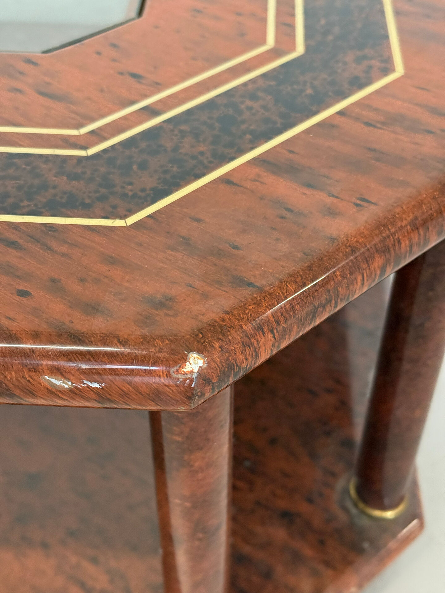 Vintage Octagonal Coffee Table — Glass Top, Brass Details & Two-Tier D