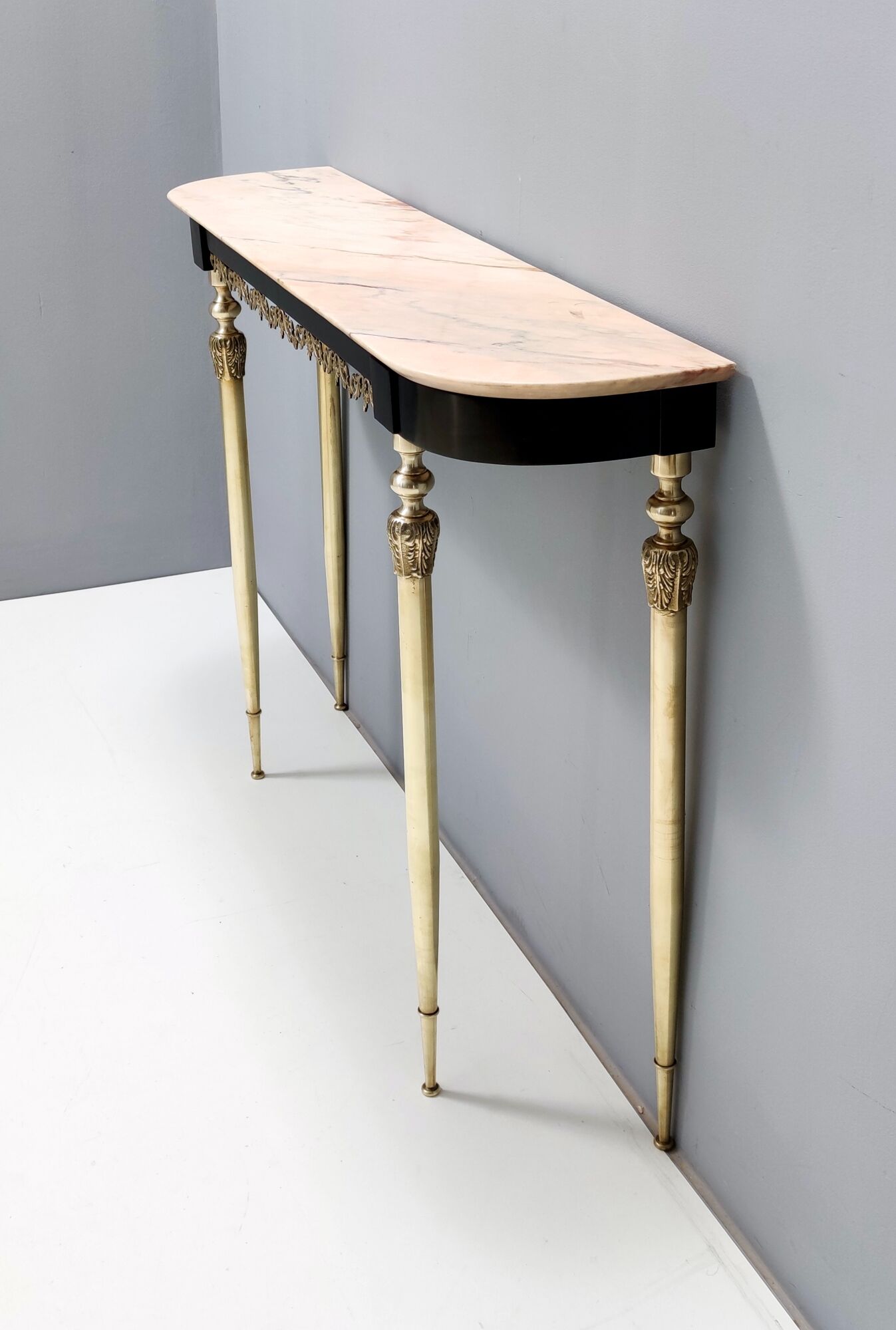 Midcentury ebonized beech console table with a portuguese pink marble top, italy