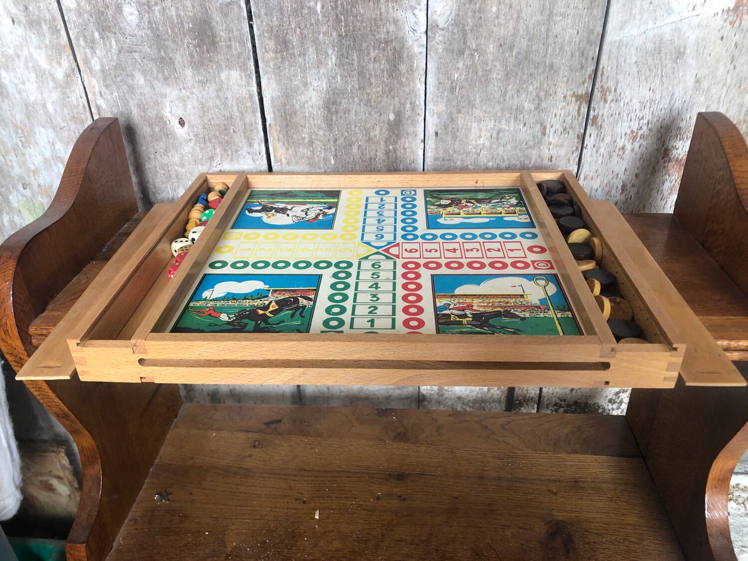 Old Board Game of Checkers, Goose, Hopscotch & Little Horses in Vintage Wooden