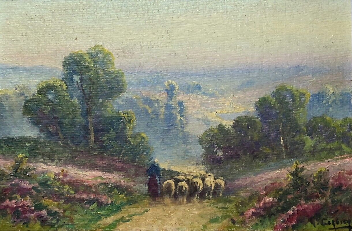 Painting "Shepherdess and her Flock", oil on panel signed G. Corbier – early 20th century