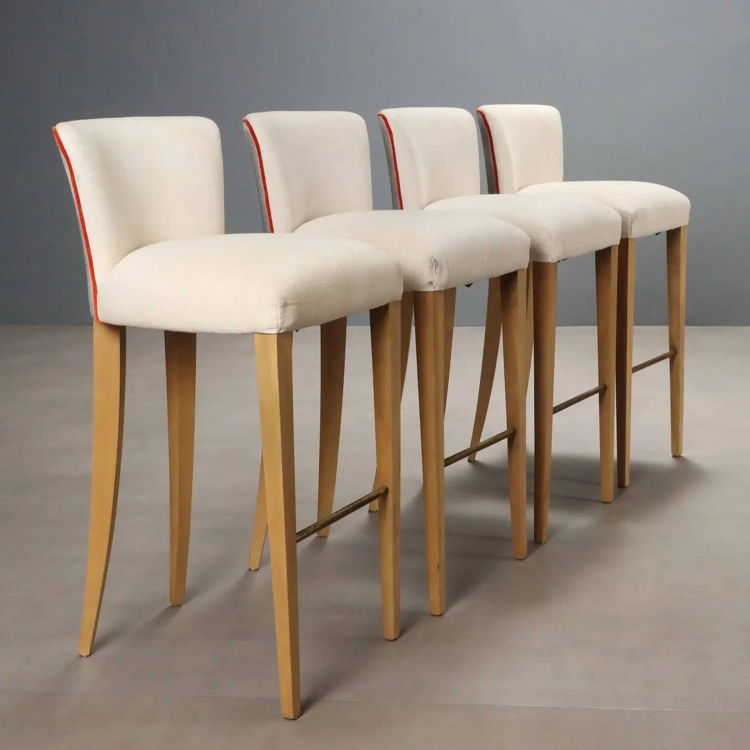 Antique stools by William Yeoward in beech and brass, England, 20th century.