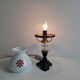 1960s Czechoslovakian milk glass oil lamp style table lamp with red windmill