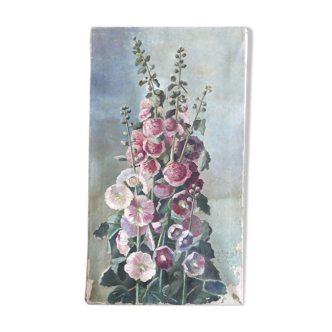 Peinture à l'huile "Roses trémières" années 30