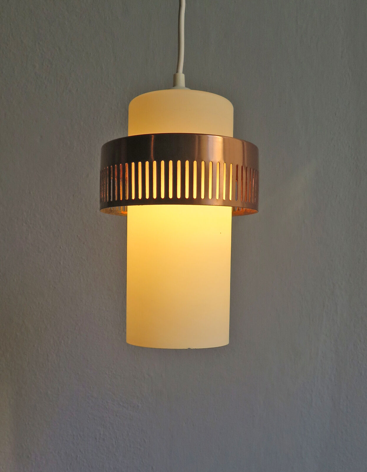 Opaline glass suspension lamp and copper metal ring, 1960s, 2 available