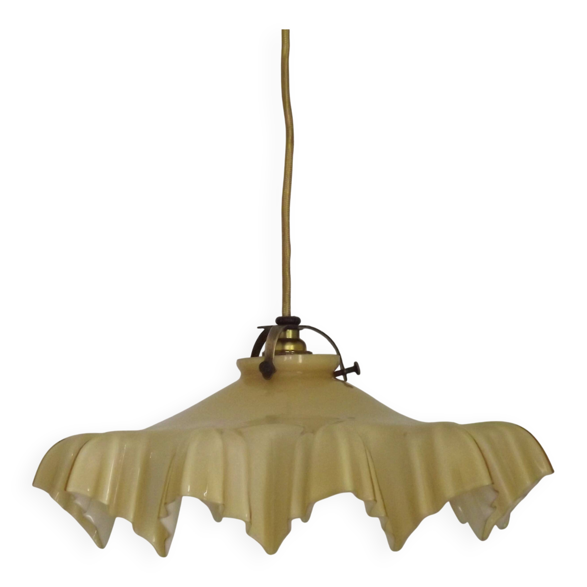 Vintage French Art Deco Yellow & White Glass Pendant Light Frilled 5495