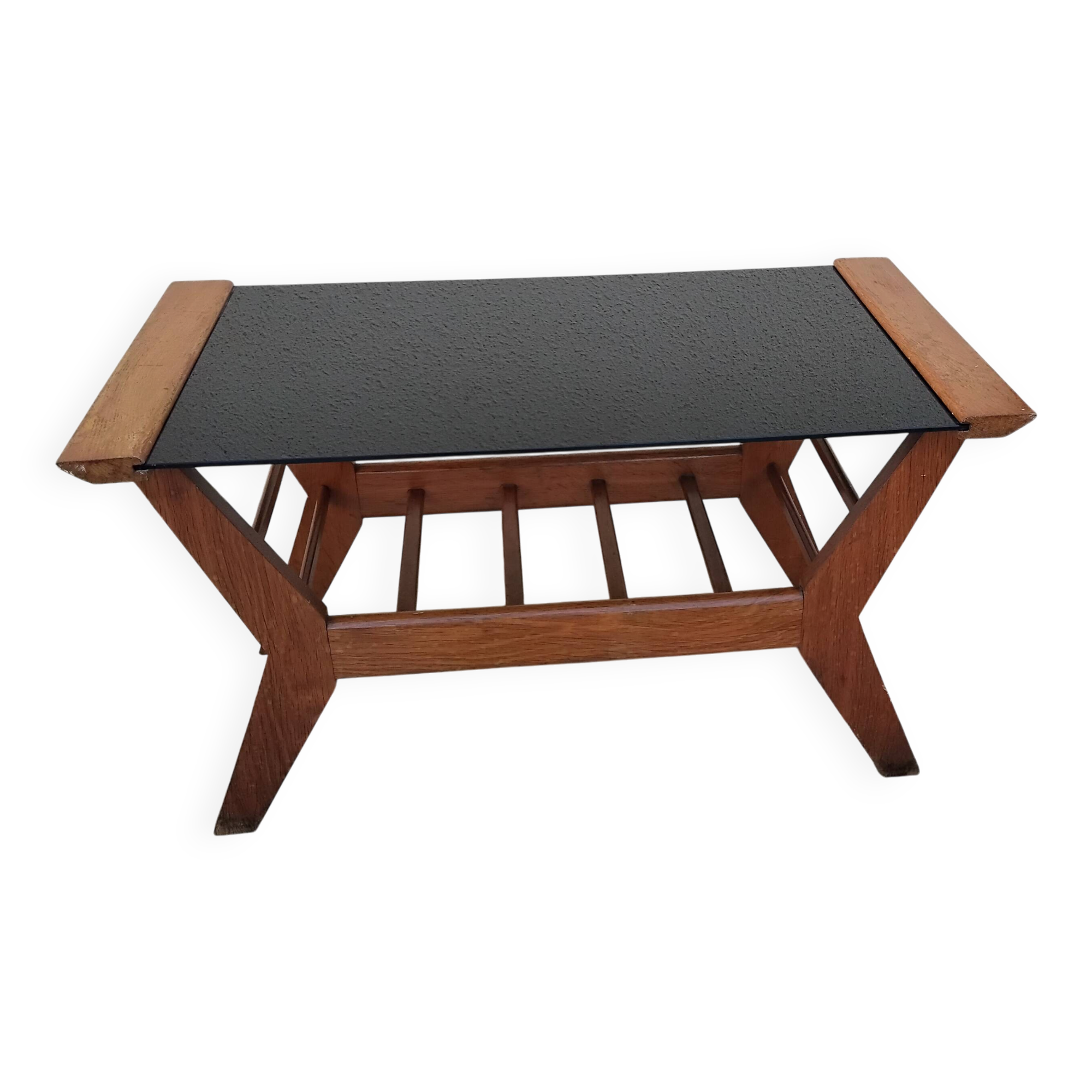 Vintage coffee table from the 1950s reconstruction, wood and glass.