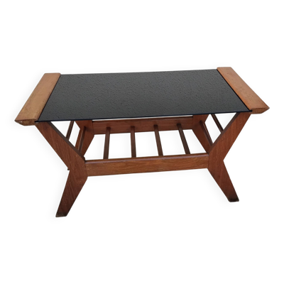 Table basse vintage époque reconstruction année 50 bois verre