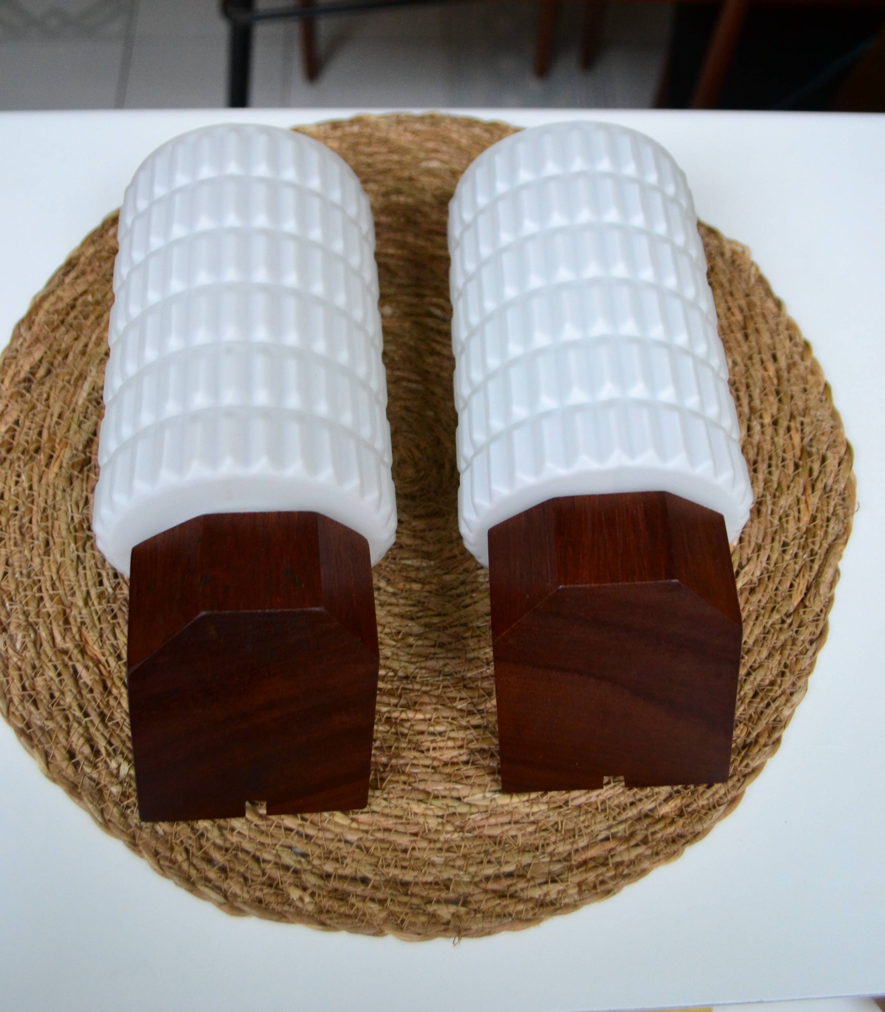 Pair of Scandinavian wall lights in teak and opaline by Philips from the 1960s.