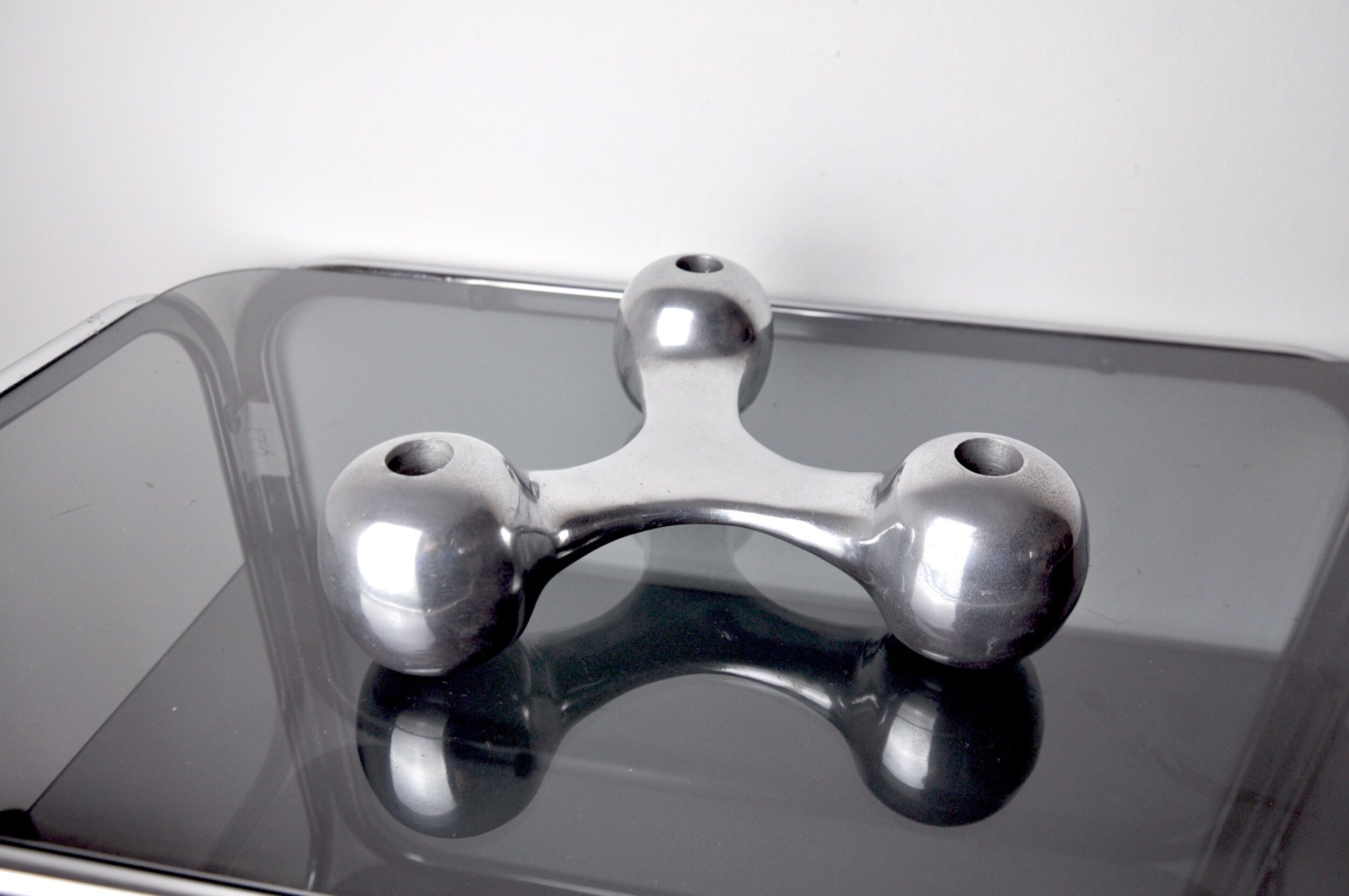 Scandinavian Boomerang candle holders, aluminium, Denmark, 1970