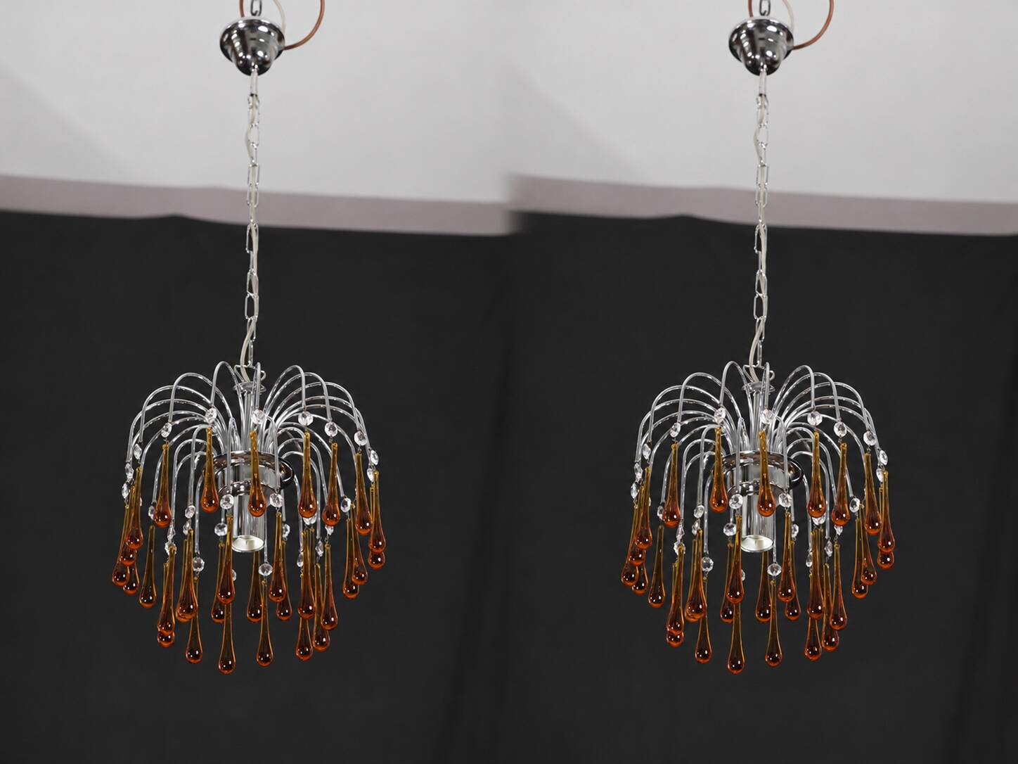 Set of 2 The Amber Crown, Murano Chandelier Amber and Crystal Drops, 1970s