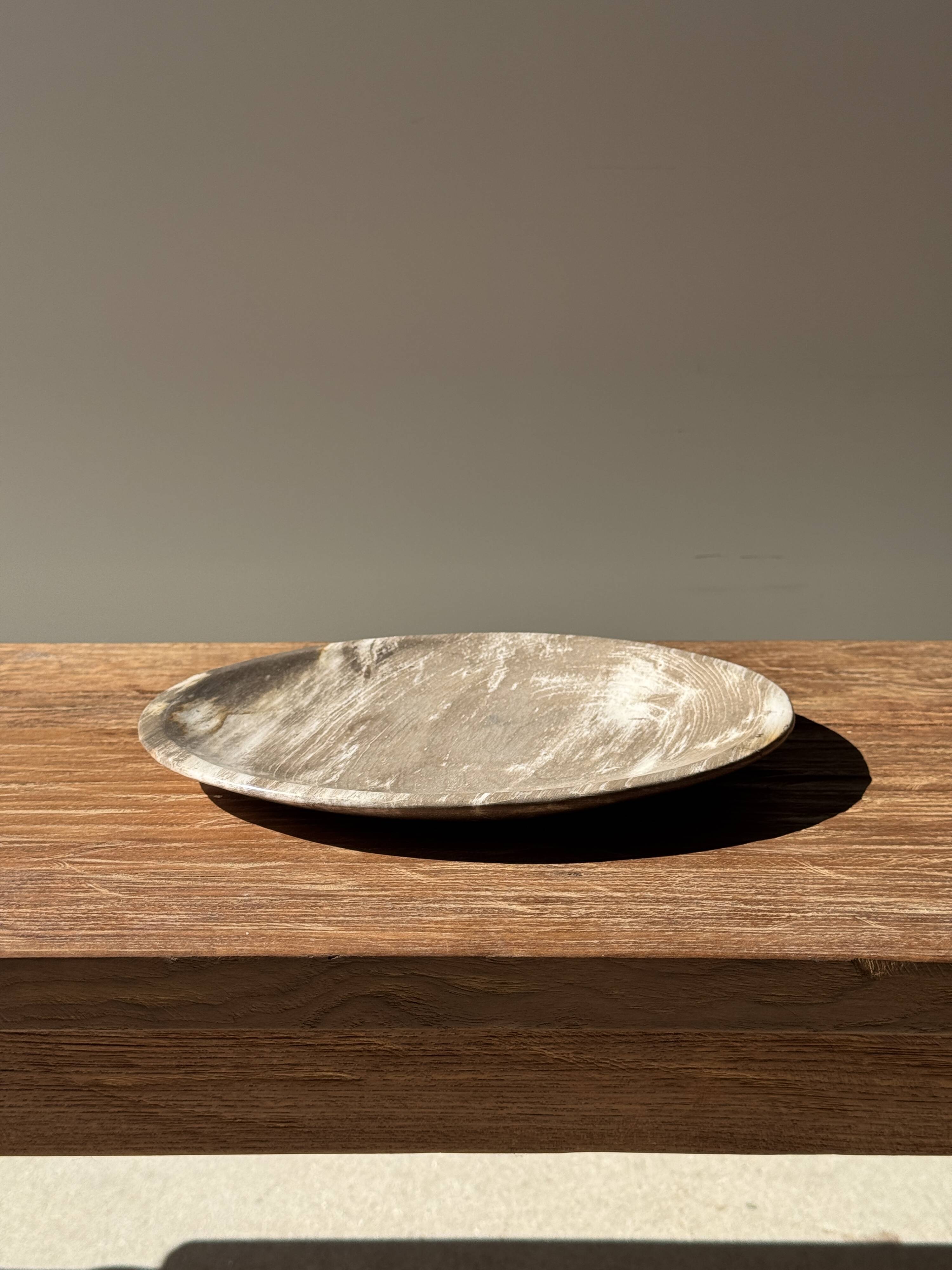 Petrified wood vide poche, circular dish or plate in light beige D25.