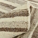 8x11 Brown Beige Minimalist Handmade Wool Kilim Rug, 226x350Cm