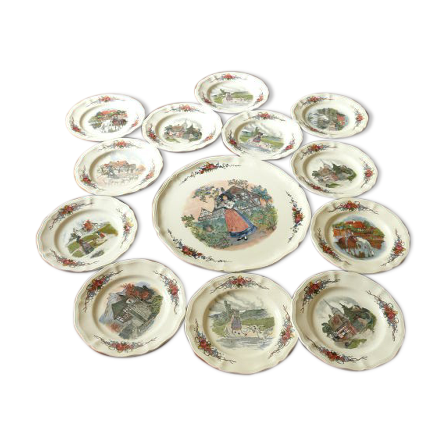 Dish and 12 plates Loux Obernai Sarreguemines Faience ancienne - Dessert service