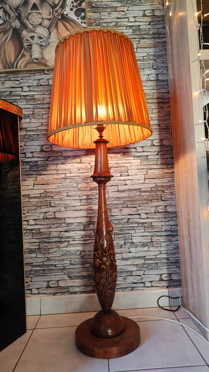 Large carved floral wooden lamp 1960