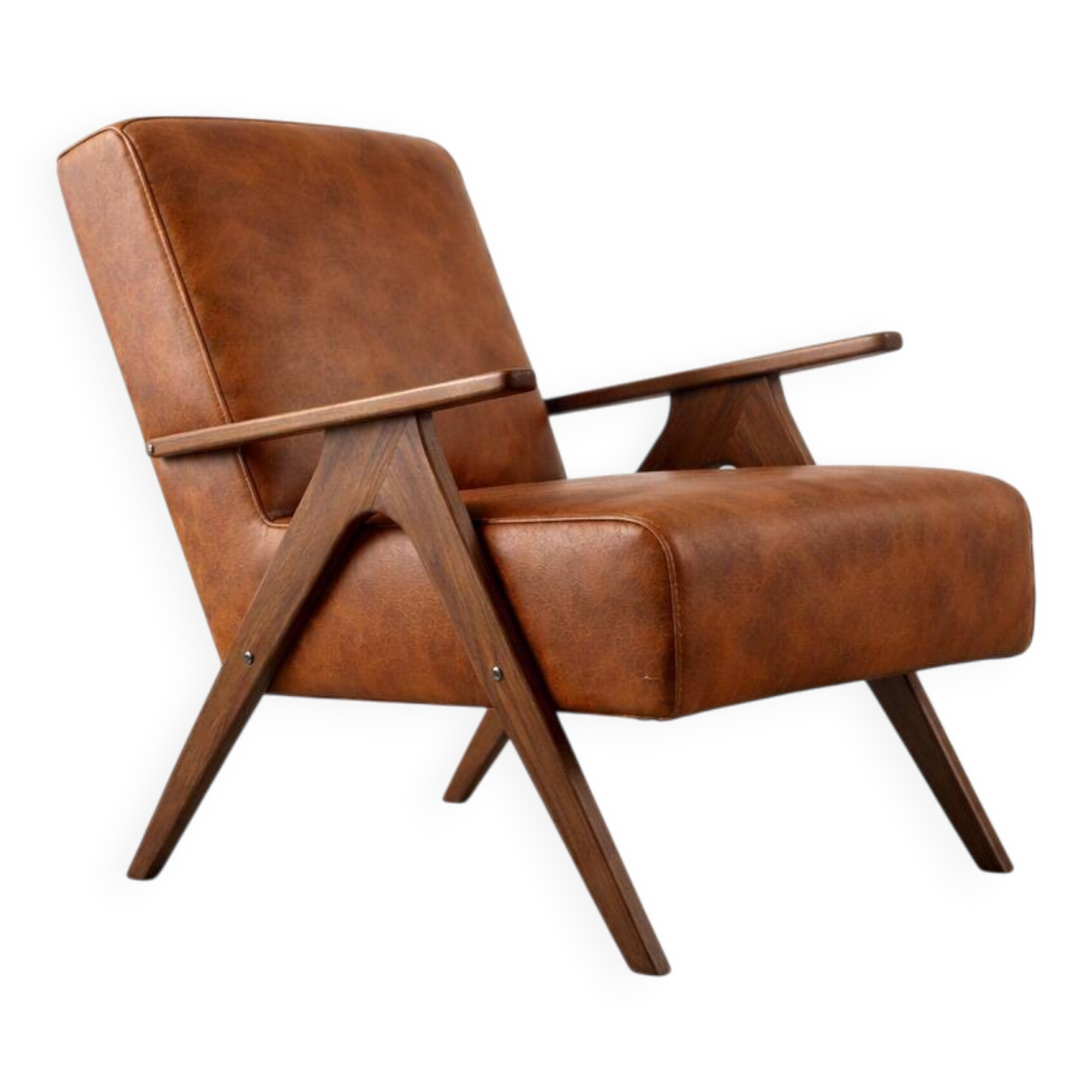 Fauteuil vintage en simili cuir marron