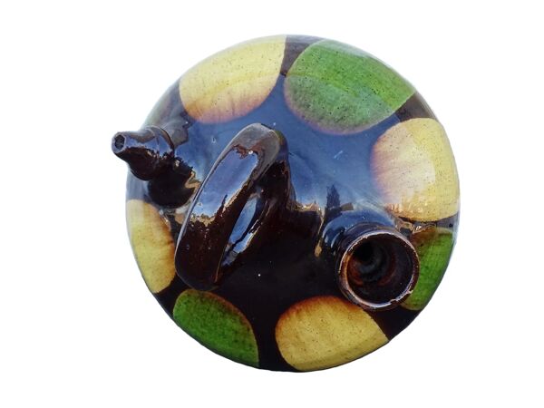 Pichet ou gargoulette ancienne française à glace verte et jaune