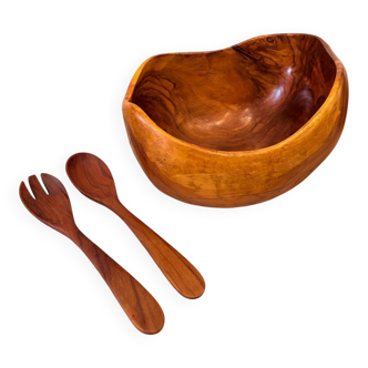 Large olive wood salad bowl sculpture — Jean Paul Brin, Vallauris