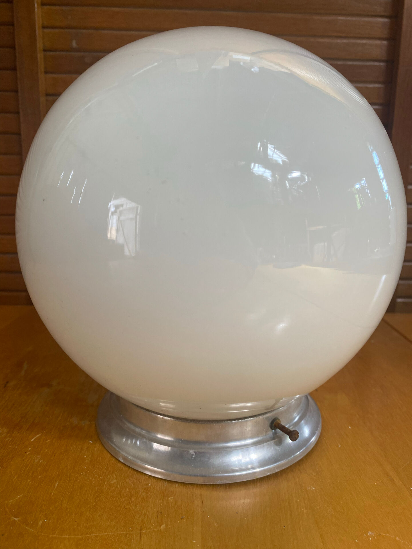 Vintage Ceiling Light Opaline White Ball + Aluminium Support 50s #E
