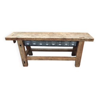 Old oak workbench console with metal drawers