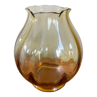Amber-Coloured Art Glass Vase with Ribbing, Handblown Collectible from the 1970s, Made in Poland
