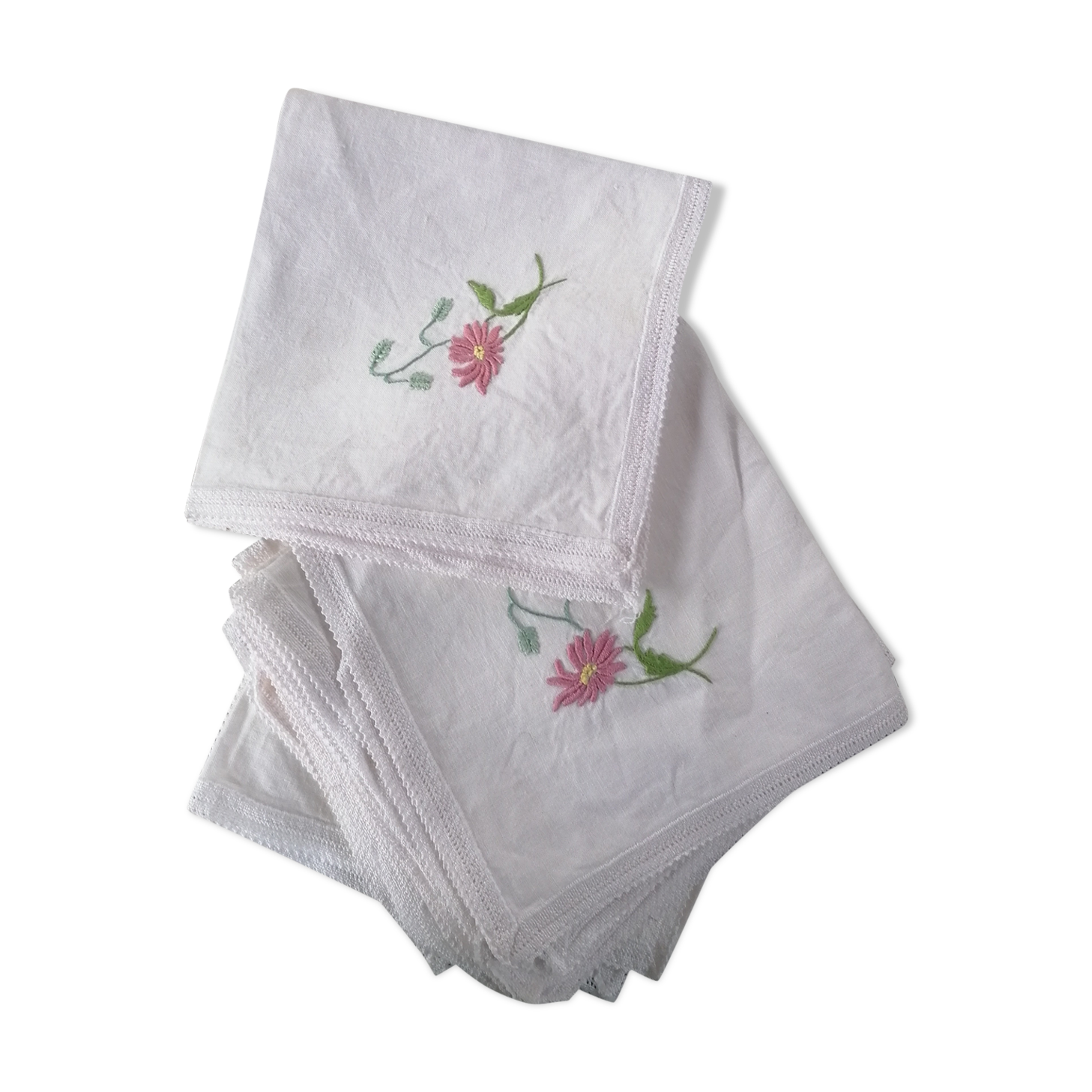 Hand embroidered "flower" and lace embroidered napkins